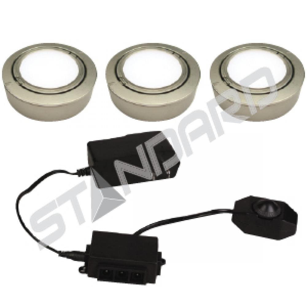 UNDERCABINET KIT OF 3 LOW VOLTAGE PUCKS 10 W 15 V 3000K BRUSHED NICKEL 400 LM