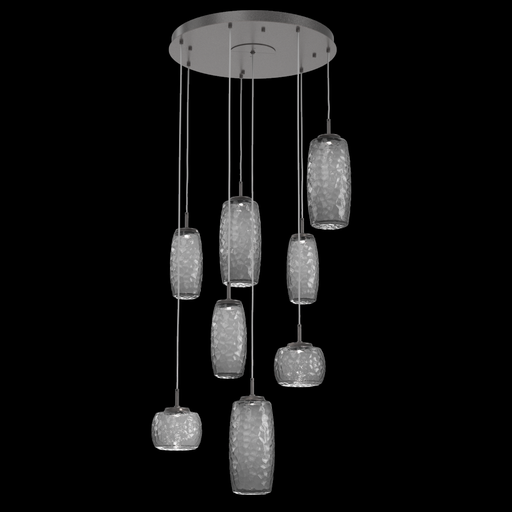 Vessel 8pc Round Multi-Pendant-Graphite-Smoke Blown Glass-Cloth Braided Cord-LED 2700K