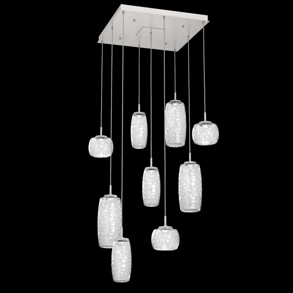 Vessel 9pc Square Multi-Pendant-Beige Silver-Clear Blown Glass-Cloth Braided Cord-LED 2700K