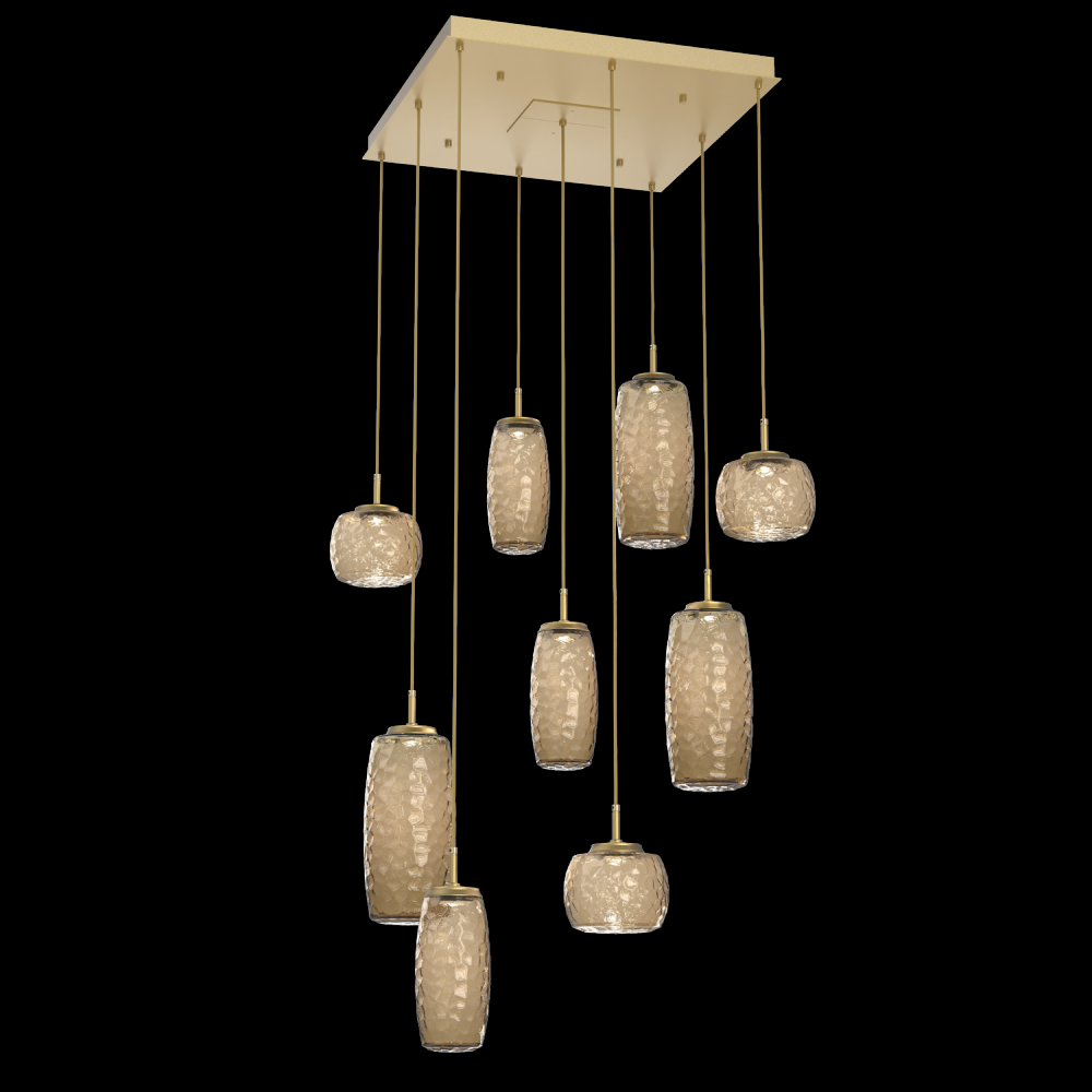 Vessel 9pc Square Multi-Pendant-Gilded Brass-Bronze Blown Glass-Cloth Braided Cord-LED 2700K