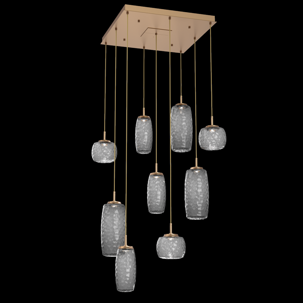 Vessel 9pc Square Multi-Pendant-Novel Brass-Smoke Blown Glass-Cloth Braided Cord-LED 2700K