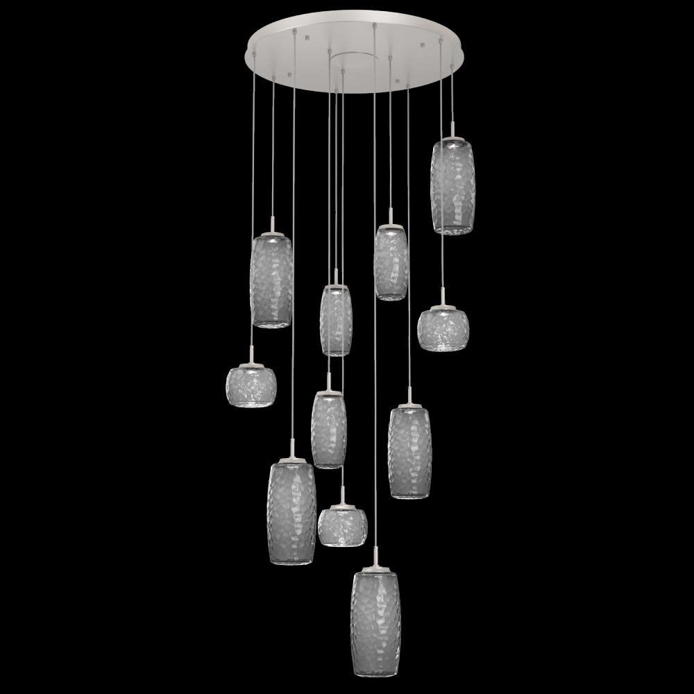 Vessel 11pc Round Multi-Pendant-Beige Silver-Smoke Blown Glass-Cloth Braided Cord-LED 2700K