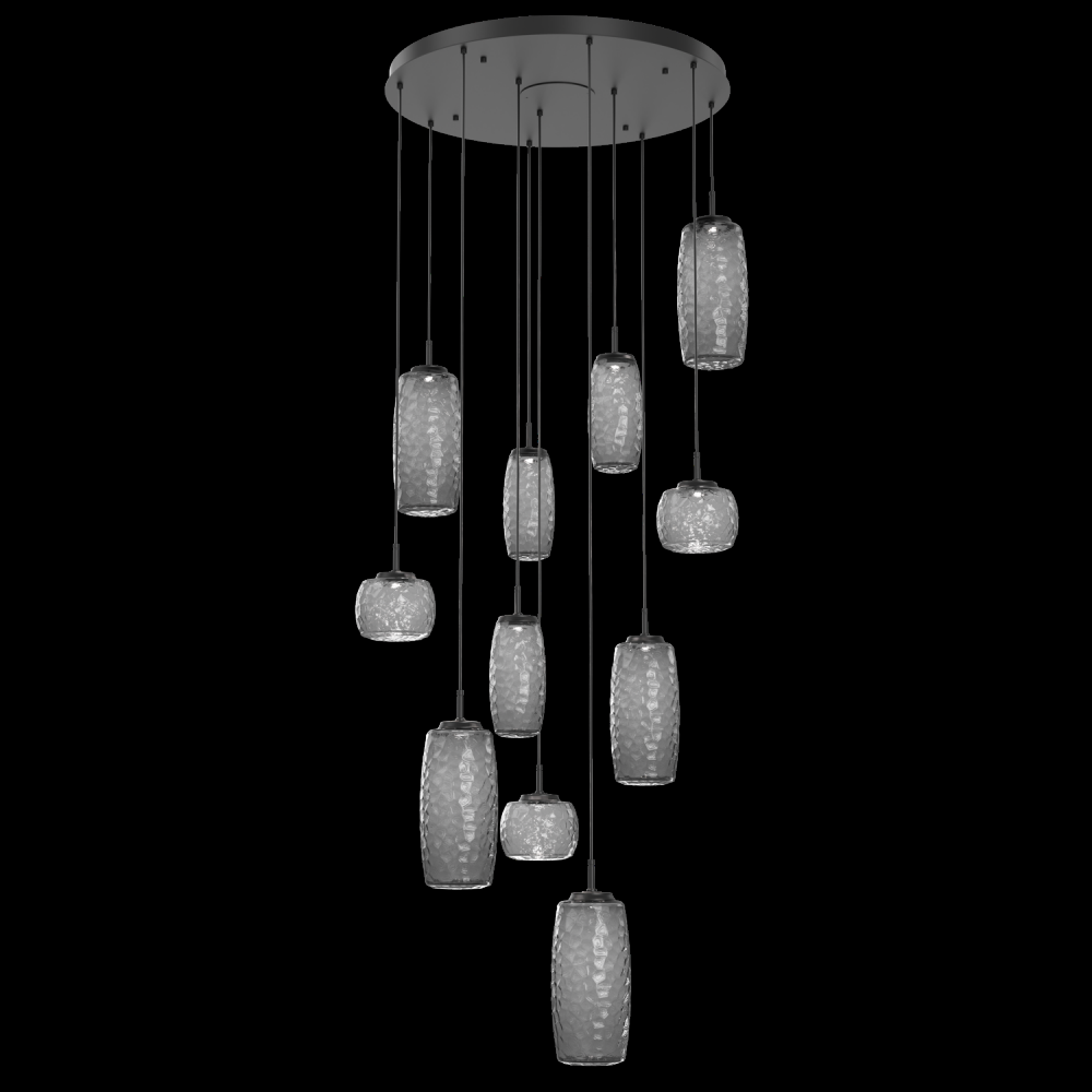 Vessel 11pc Round Multi-Pendant-Matte Black-Smoke Blown Glass-Cloth Braided Cord-LED 2700K