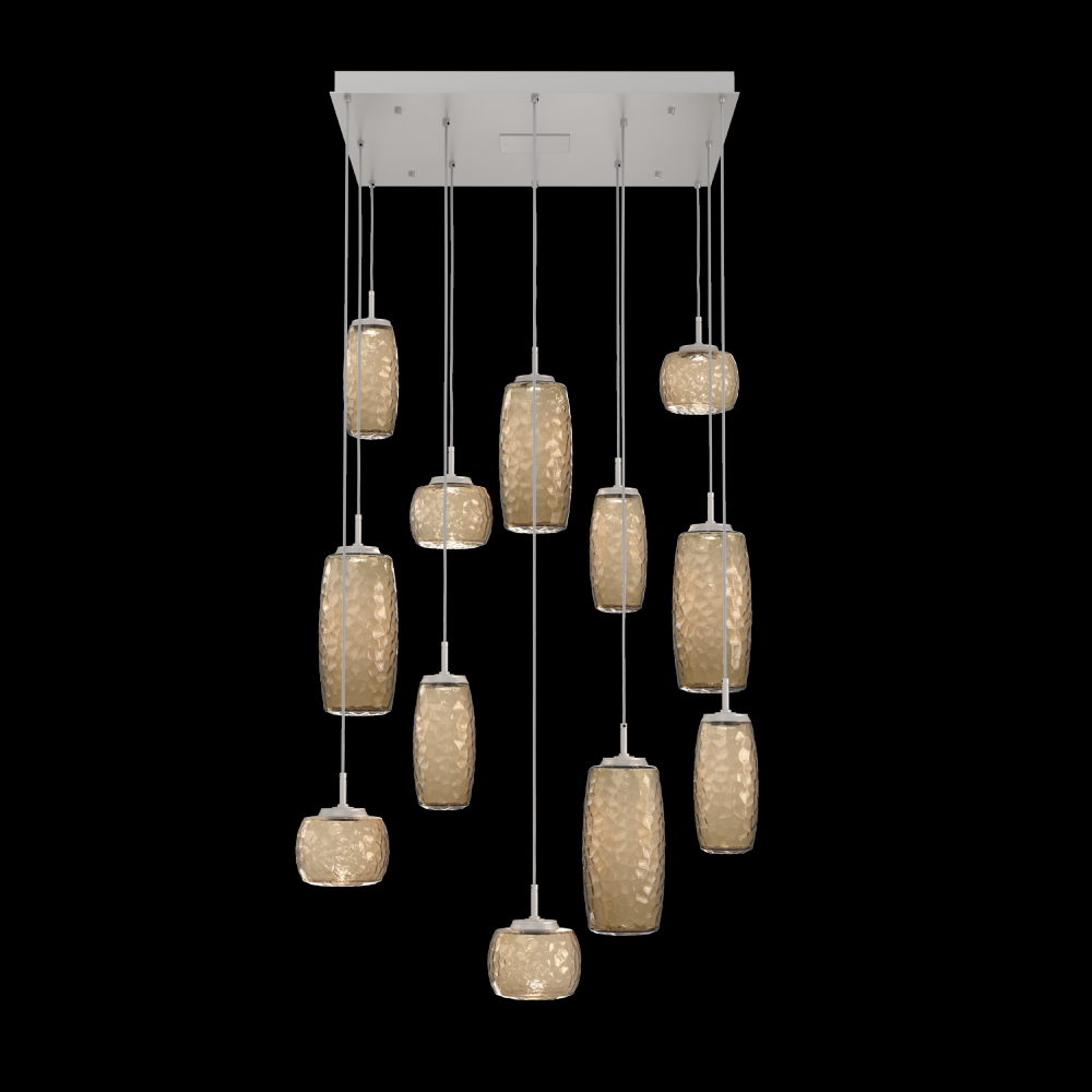 Vessel 12pc Square Multi-Pendant-Beige Silver-Bronze Blown Glass-Cloth Braided Cord-LED 2700K