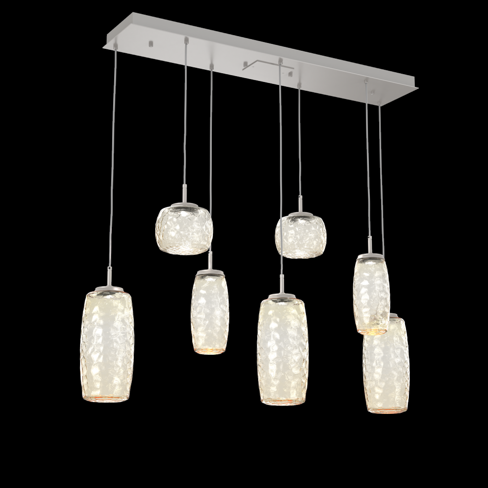 Vessel 7pc Linear Multi-Pendant-Beige Silver-Amber Blown Glass-Cloth Braided Cord-LED 2700K