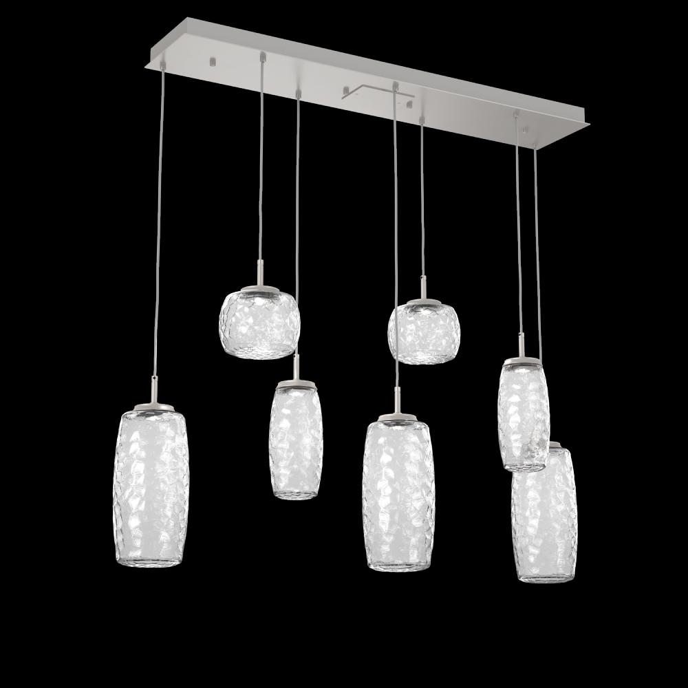 Vessel 7pc Linear Multi-Pendant-Beige Silver-Clear Blown Glass-Cloth Braided Cord-LED 3000K