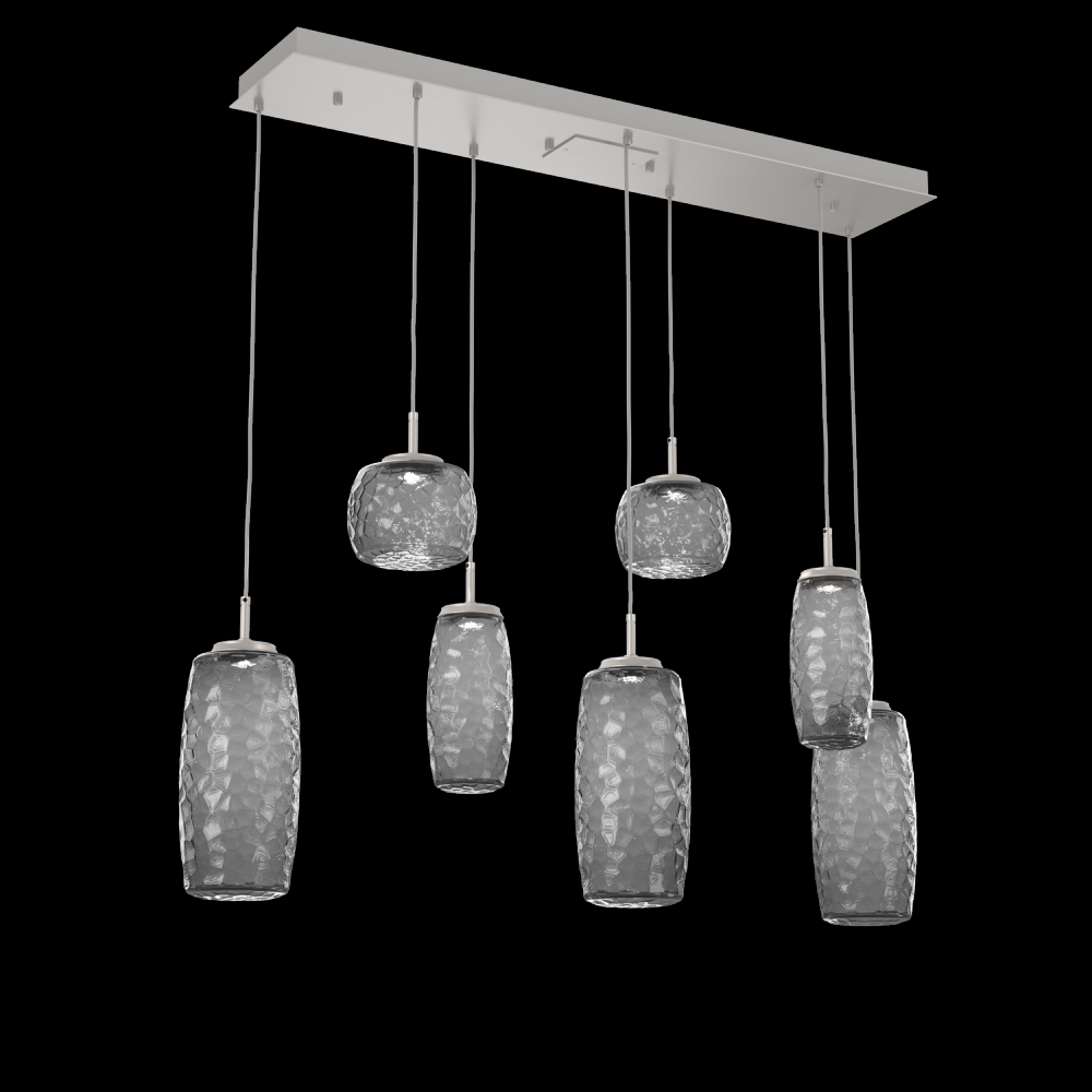 Vessel 7pc Linear Multi-Pendant-Beige Silver-Smoke Blown Glass-Cloth Braided Cord-LED 3000K