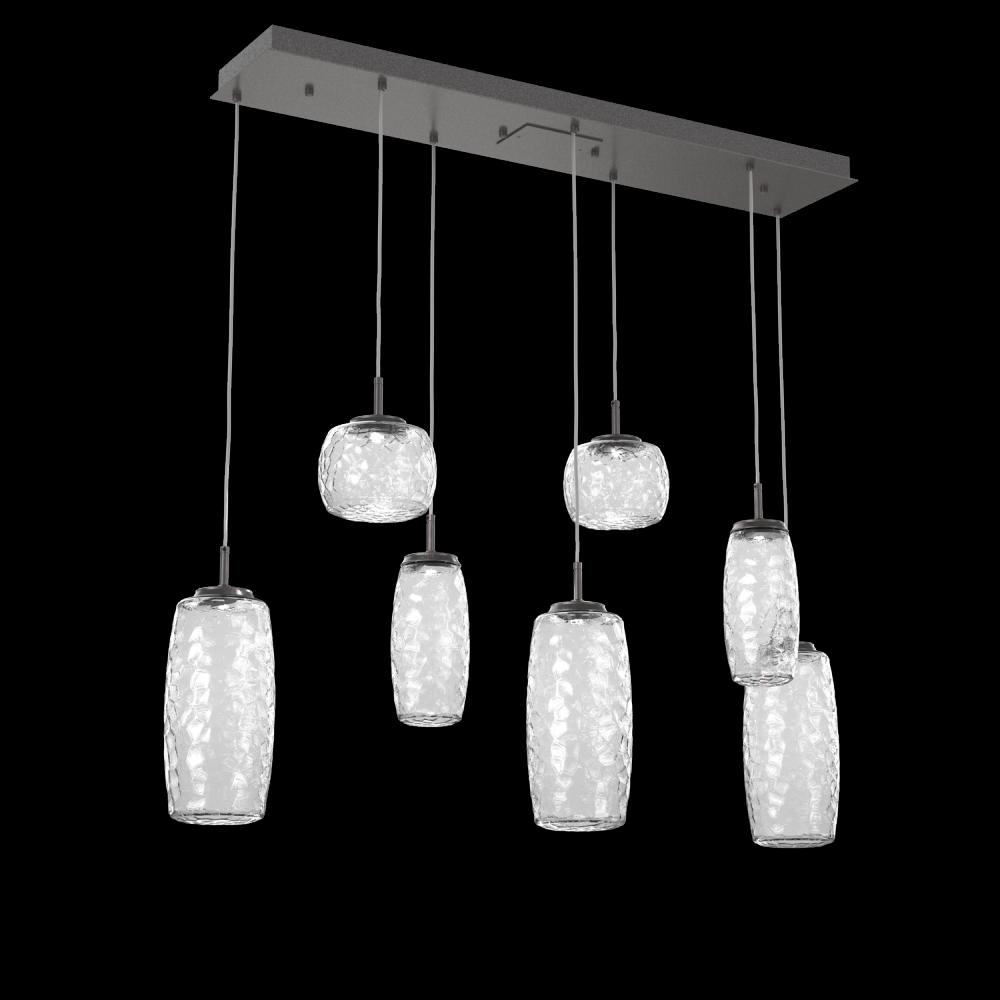 Vessel 7pc Linear Multi-Pendant-Graphite-Clear Blown Glass-Cloth Braided Cord-LED 2700K