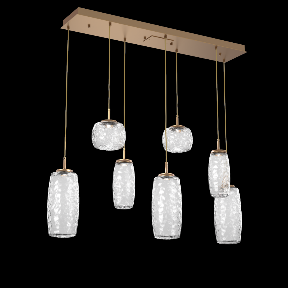 Vessel 7pc Linear Multi-Pendant-Novel Brass-Clear Blown Glass-Cloth Braided Cord-LED 3000K