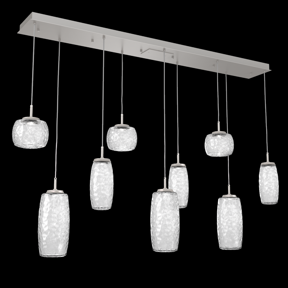 Vessel 9pc Linear Multi-Pendant-Beige Silver-Clear Blown Glass-Cloth Braided Cord-LED 2700K