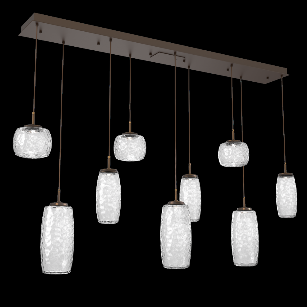 Vessel 9pc Linear Multi-Pendant-Flat Bronze-Clear Blown Glass-Cloth Braided Cord-LED 3000K