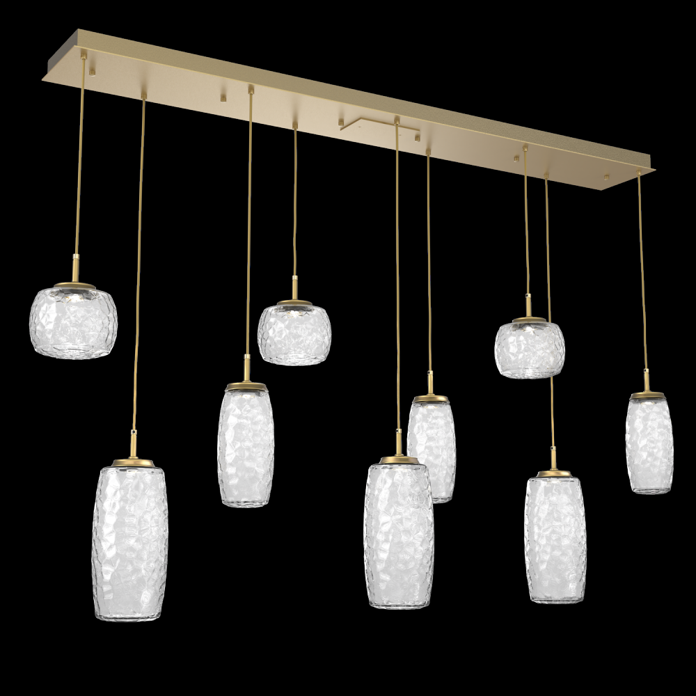 Vessel 9pc Linear Multi-Pendant-Gilded Brass-Clear Blown Glass-Cloth Braided Cord-LED 2700K