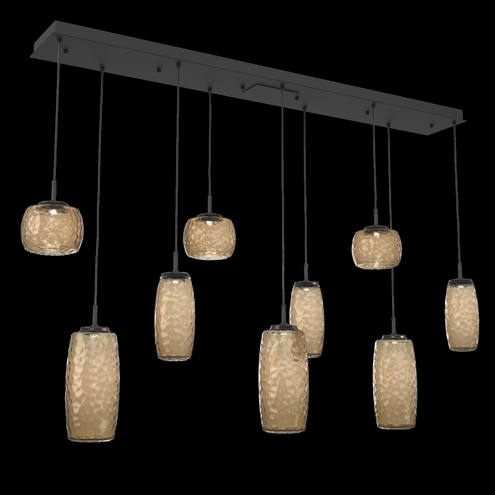 Vessel 9pc Linear Multi-Pendant-Matte Black-Bronze Blown Glass-Cloth Braided Cord-LED 3000K