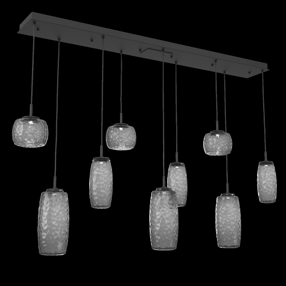 Vessel 9pc Linear Multi-Pendant-Matte Black-Smoke Blown Glass-Cloth Braided Cord-LED 2700K