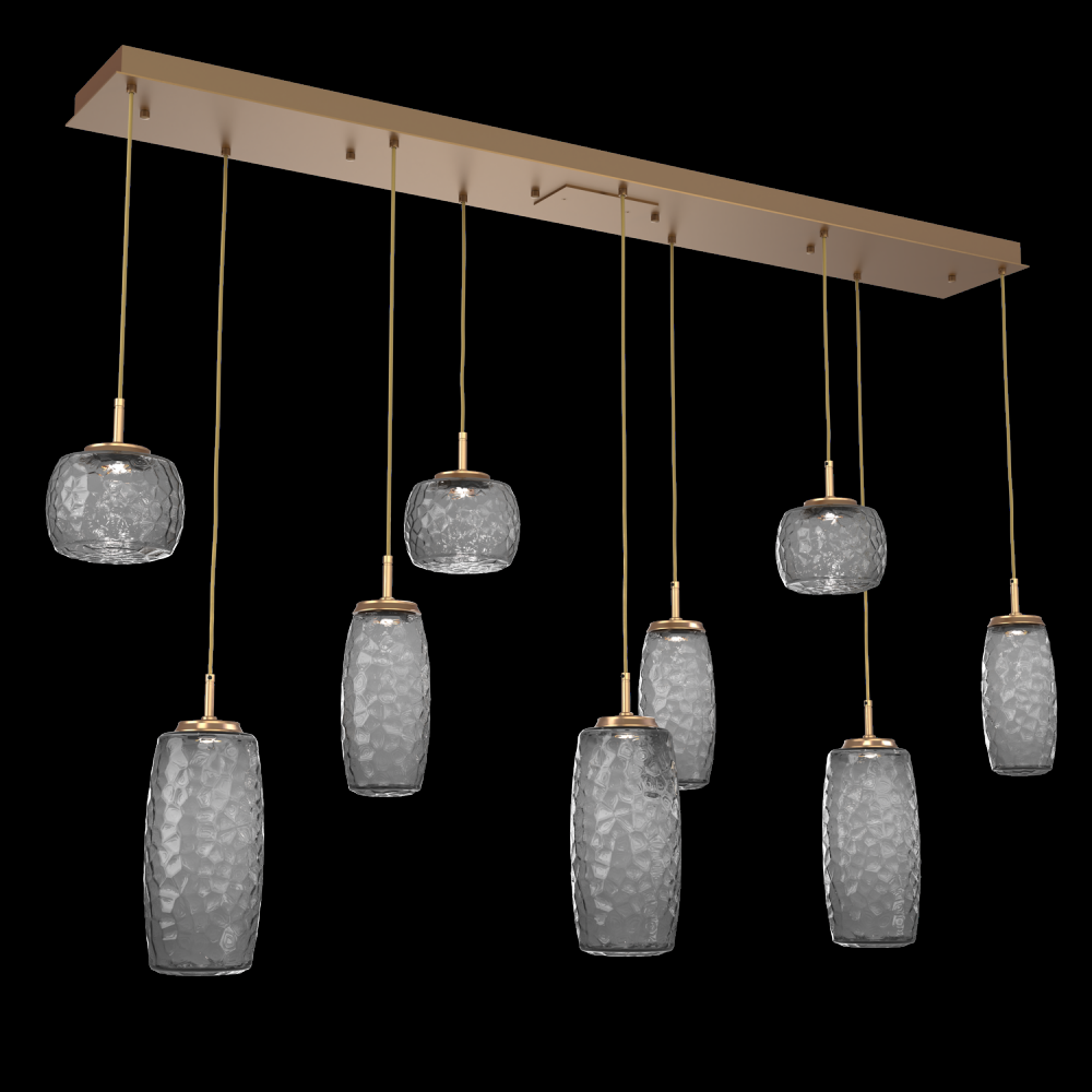 Vessel 9pc Linear Multi-Pendant-Novel Brass-Smoke Blown Glass-Cloth Braided Cord-LED 3000K