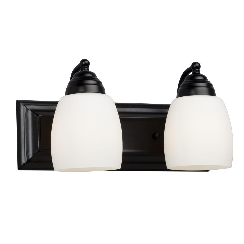 Two Light Vanity - Black w/ White Satin Glass